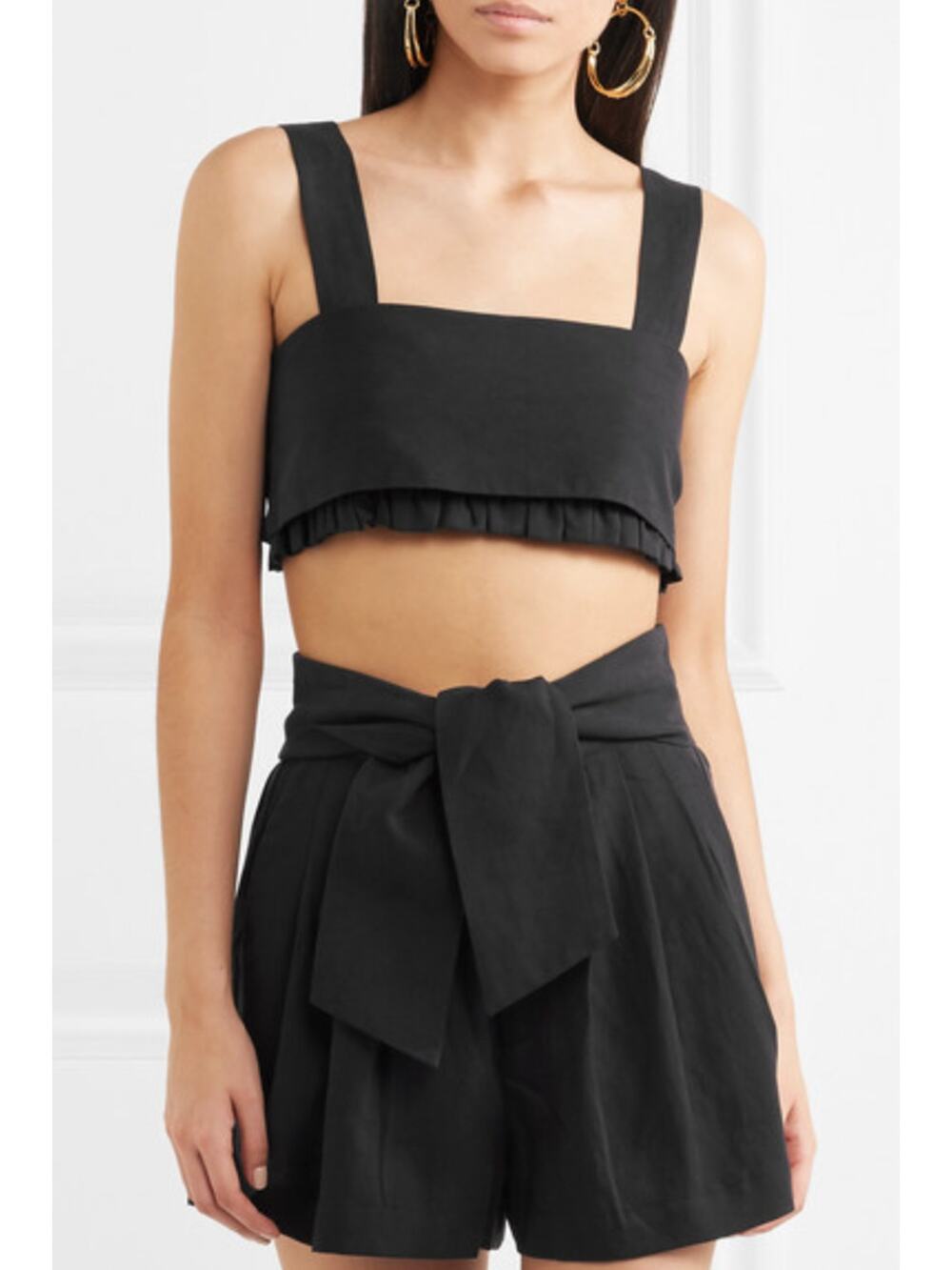 Ulla Johnson Black Talia Twill Bandeau Ruffle Crop Bow Tie Top Size 10